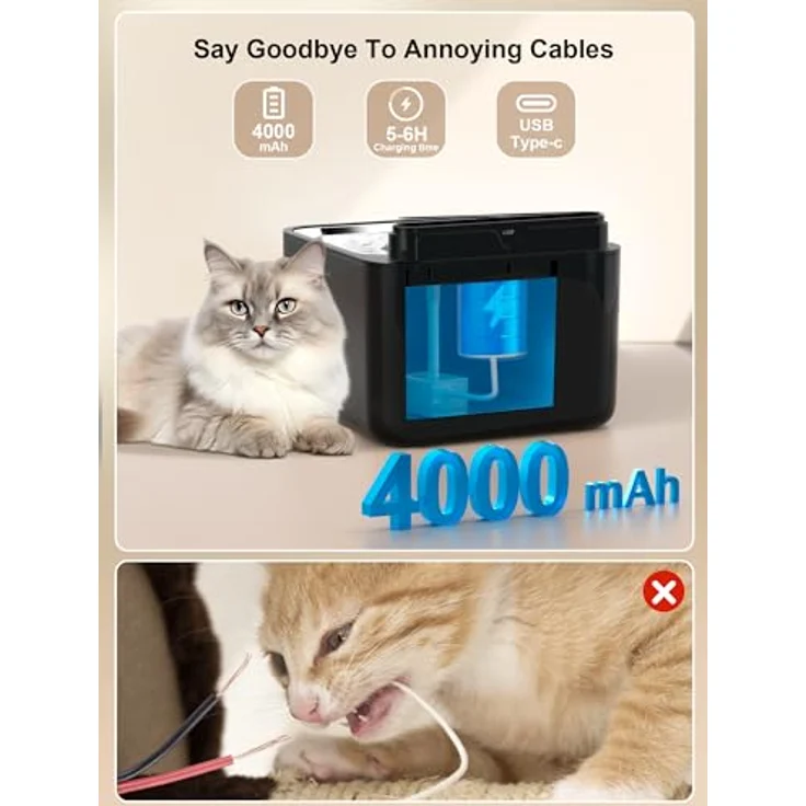 PLOOHT Trinkbrunnen für Katze, kabellos mit Bewegungsmelder, 3,2L, 4000mAh Akku, leise Pumpe und Doppel Filtersystem, Schwarz – Bild 4