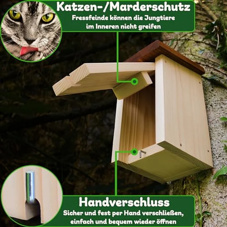 ERDENFREUND® Meisen Nistkasten 28mm, mit Katzen-/Marderschutz und Spechtschutz aus rostfreiem Metall, massives Holz, easy clean – Bild 3