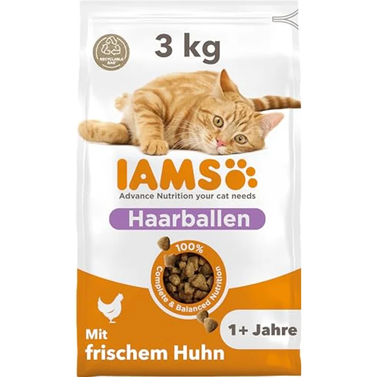 IAMS Anti-Haarballen Katzenfutter trocken mit Huhn, 3 kg - Trockenfutter für Katzen ab 1 Jahr, reich an tierischen Proteinen, weizenfrei, unterstützt gesunde Haut und glänzendes Fell – Bild 1