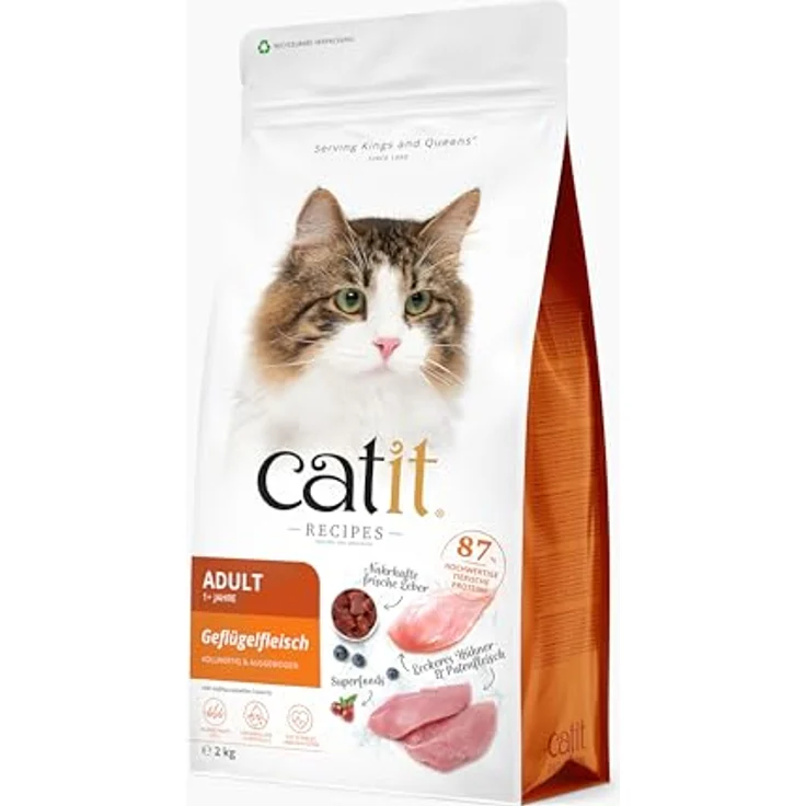 Catit Recipes - Premium Trockenfutter für Katzen mit Geflügelfleisch, Alleinfuttermittel für ausgewachsene Katzen, 2kg, unterstützt Haarballenbildung, ohne Weizen und Soja – Bild 1