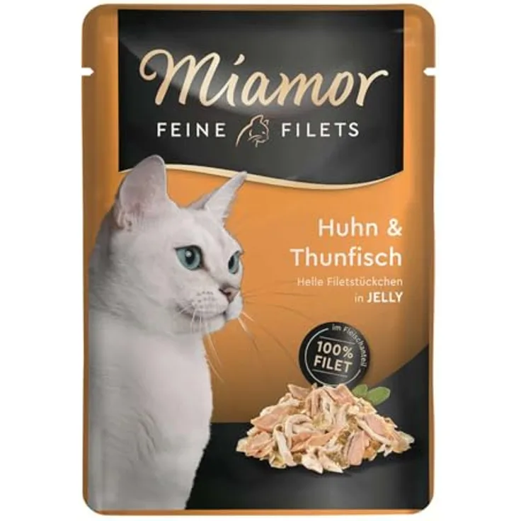 Miamor Feine Filets in Jelly Huhn & Thun, leicht verdauliches Katzen-Nassfutter ohne Innereien, 24x100g