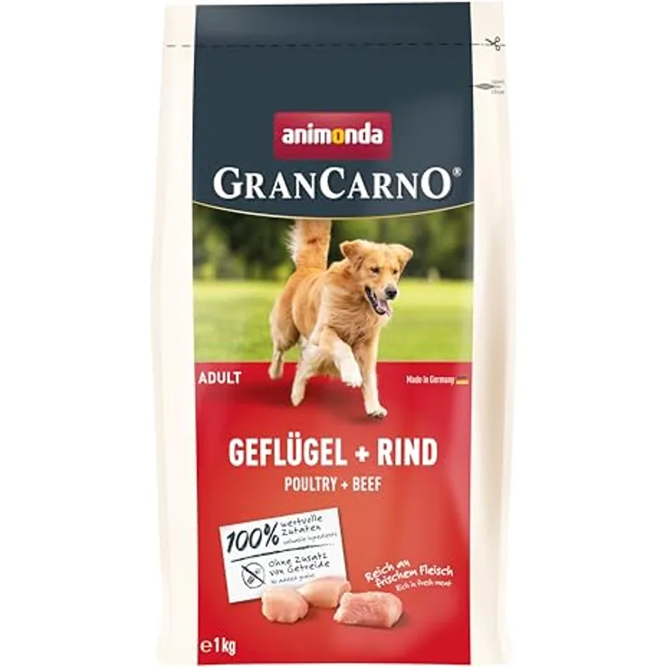 animonda GranCarno Adult Geflügel + Rind, 4 x 1 kg, Glutenfreies Hunde-Trockenfutter für optimale Mischfütterung