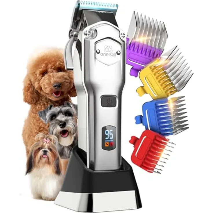 oneisall Leise Hundeschermaschine, Hochleistungs Tierhaarschneidemaschine mit Metall-Führungskamm für dickes, lockiges und feines Haar, kabellos, silber
