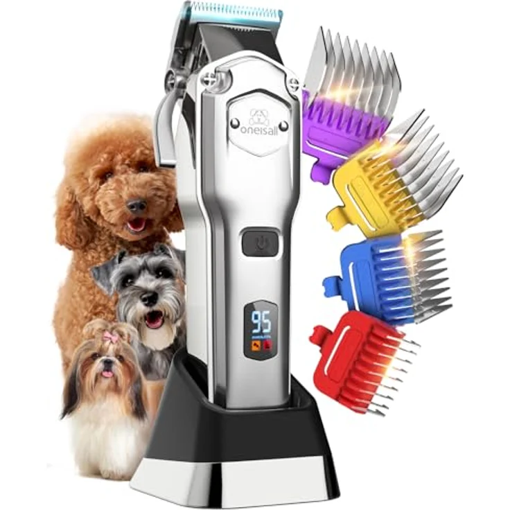 oneisall Leise Hundeschermaschine, Hochleistungs Tierhaarschneidemaschine mit Metall-Führungskamm für dickes, lockiges und feines Haar, kabellos, silber – Bild 1