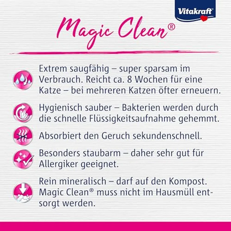Vitakraft Magic Clean Classic, nicht klumpendes Katzenstreu aus Mineralkügelchen, bakterienhemmend, staubarm, für 8 Wochen, 8,4l – Bild 4