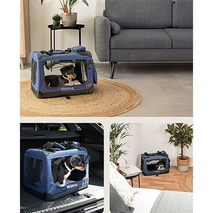 lionto Hundetransportbox faltbar, 50x34x36 cm, stabile Transportbox mit abnehmbarer Decke und Namensaufdruck für Katzen & Hunde bis 10 kg, dunkelblau – Bild 2