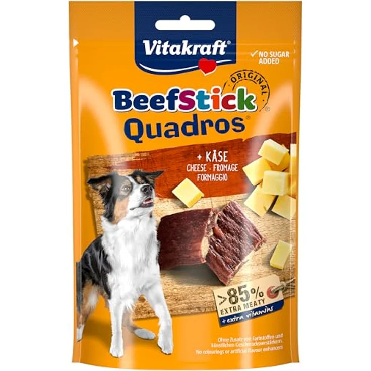 Vitakraft Beef Stick Quadros, Sparpaket 7 x 70 g, Hundesnack mit Käse, getreidefrei, eiweißreich und über Buchenholz geräuchert – Bild 1