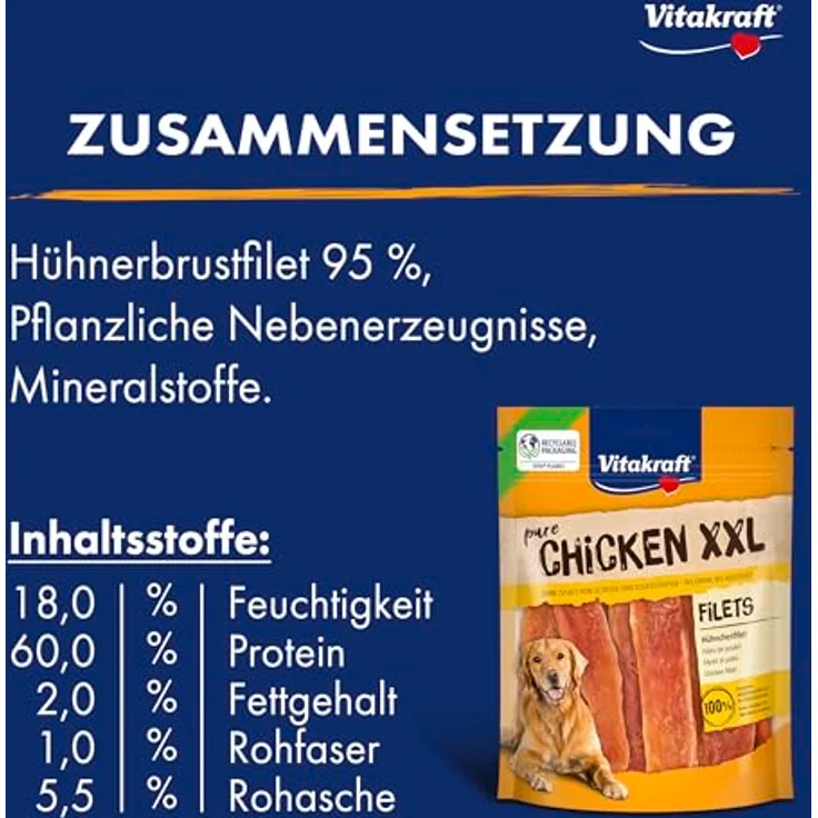 Vitakraft Pure Chicken XXL Filets, Hundeleckerli ohne Zucker, 6x250g mageres Hühnchenfilet, wiederverschließbar – Bild 4