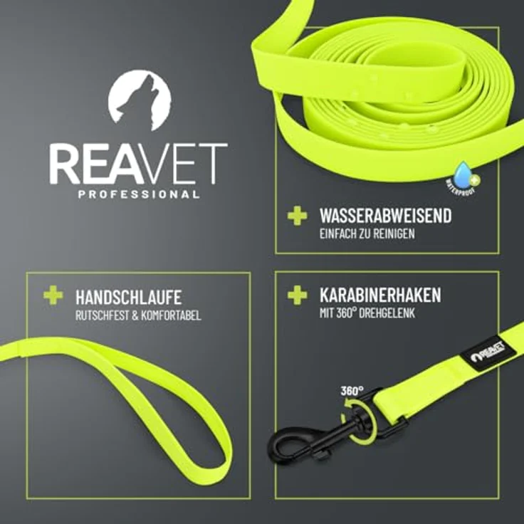 ReaVET Schleppleine für Hunde 10 Meter, Neon Gelb I Robuste, wasserfeste Trainingsleine mit Griff für große & kleine Hunde – Bild 2
