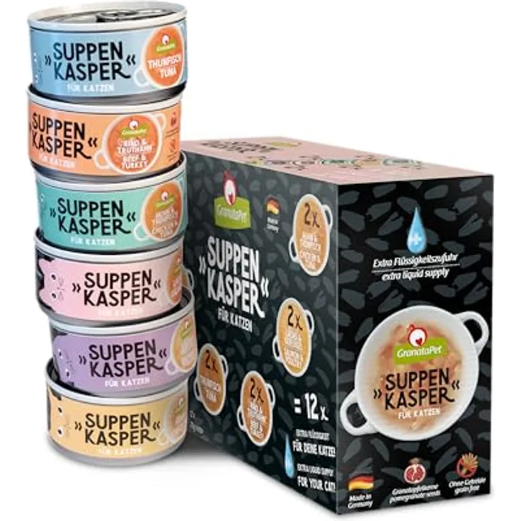 GranataPet Suppenkasper Multipack 6 Sorten, 12 x 70 g, Katzen-Snacks ohne Getreide und Zuckerzusätze, ideal zur Flüssigkeitszufuhr