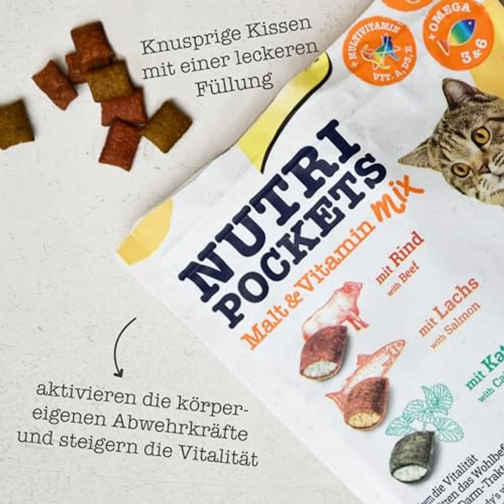 GimCat Nutri Pockets Malt & Vitamin Mix, Knuspriger Katzensnack mit cremiger Füllung und funktionalen Inhaltsstoffen, 150 g Beutel – Bild 4