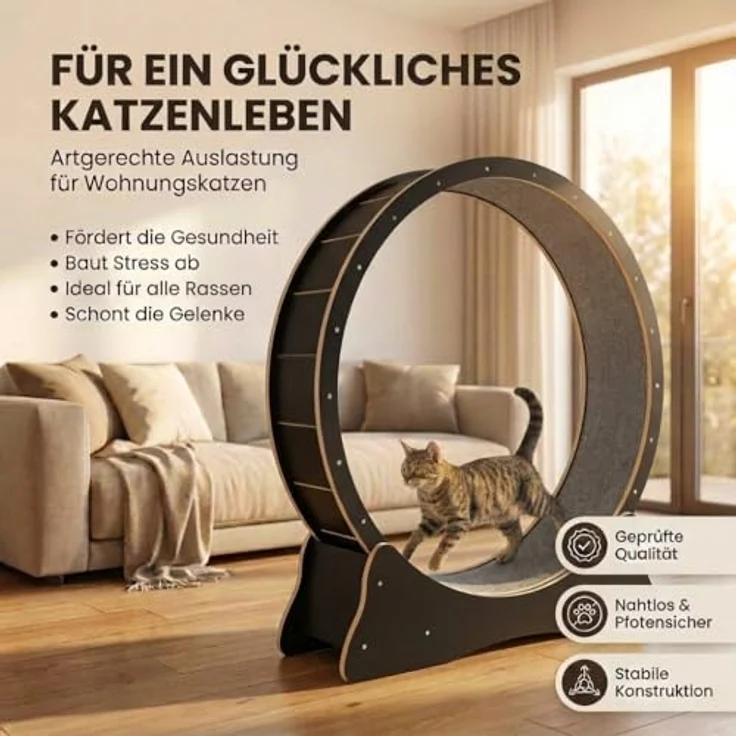 noviclass® Katzenlaufrad Baghira XXL, 132cm Durchmesser für große Katzen, kratzfest, stabil und leise, inkl. Spielzeug und E-Book (Schwarz) – Bild 2
