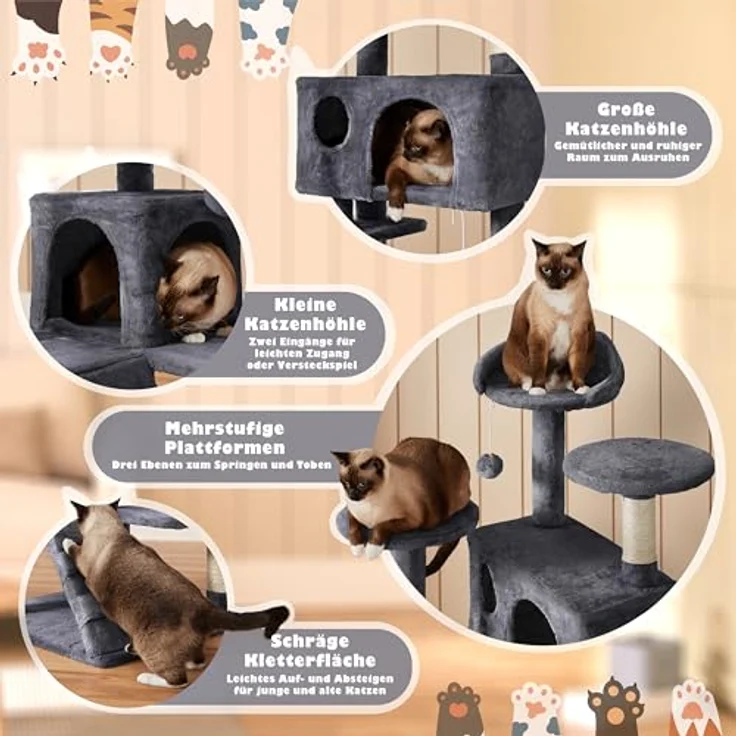 Yaheetech Kratzbaum Stabiler Katzenbaum Katzenkratzbaum Katzenmöbel, Kletterbaum für Katzen Höhe 137 cm, Dunkelgrau – Bild 5