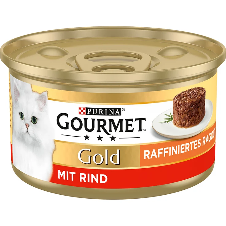 Gourmet Gold Raffiniertes Ragout, Katzen-Nassfutter, 48 x 85 g, Rind, hochqualitative Zutaten in köstlicher Soße