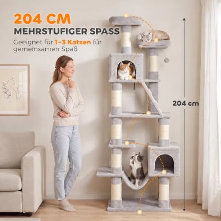 PawHut Kratzbaum 204 cm, mehrstöckig mit 2 Höhlen, Leiter, stabil, hellgrau – Bild 3