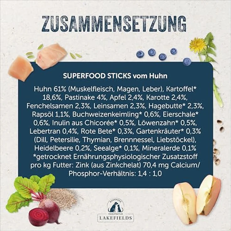 Lakefields SUPERFOOD Sticks | Premium Hundeleckerli vom Landhuhn, 61% Fleisch, 130g, Getreidefrei mit Heidelbeeren, Leinsamen & Rote Beete, entwickelt mit Tierärzten – Bild 4