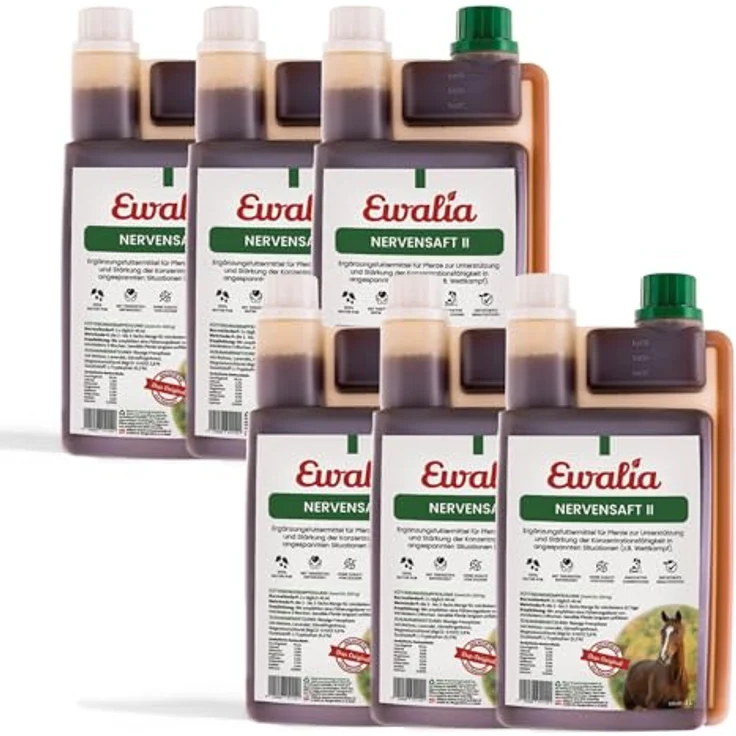 Ewalia Nervensaft II, Ergänzungsfuttermittel für Pferde zur Unterstützung der Konzentration bei Wettkämpfen, 100% natürliche Inhaltsstoffe, 6x1 Liter – Bild 1