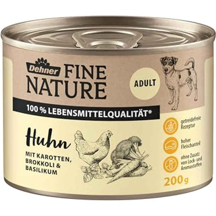 Dehner Fine Nature Hundefutter, Nassfutter in Lebensmittelqualität, für ausgewachsene Hunde, Huhn mit Karotten und Brokkoli, 6 x 200 g Dose (1.2 kg) – Bild 2