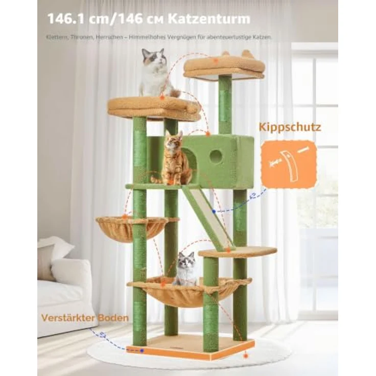 Taoqimiao 146CM Kratzbaum Groß, stabiler Katzenbaum mit 2 Katzenhäusern, Metallhängematte, 8 Kratzsäulen und Katzenkratztafel, Grün MSC026 – Bild 3