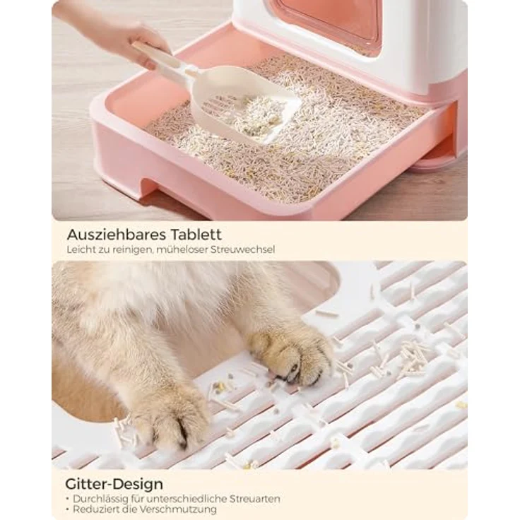 Feandrea Katzenklo PPT001P01, Katzentoilette mit Deckel, ausziehbarem Tablett, Schaufel und Bürste, auslaufsicher, für Katzen bis 15 kg, weiß-pastellrosa – Bild 5