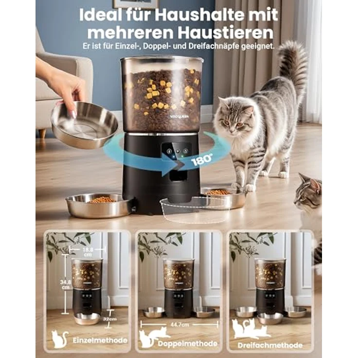 Vacqueen Futterautomat Katze mit APP, 6L, 25 Tassen, 3 Näpfe, Anti-Verstopfungssystem, 10-S Stimmaufnahme, 2.4G WiFi – Bild 2