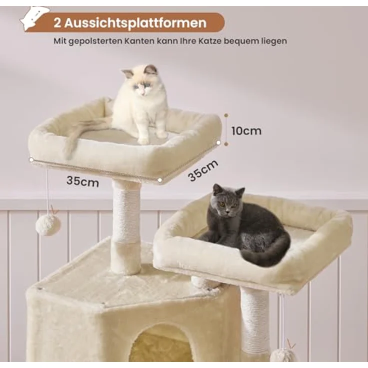 MSmask Stabiler Kratzbaum, großer Katzenbaum mit 2 Plattformen und großer Höhle, Sisalstämme, beige – Bild 3
