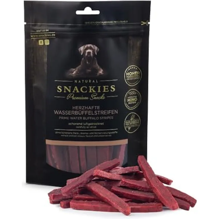 NATURAL SNACKIES Premium Snacks für Hunde, Feine Wasserbüffelstreifen, ohne Getreide, Zucker und künstliche Zusätze, schonend luftgetrocknet, 170g