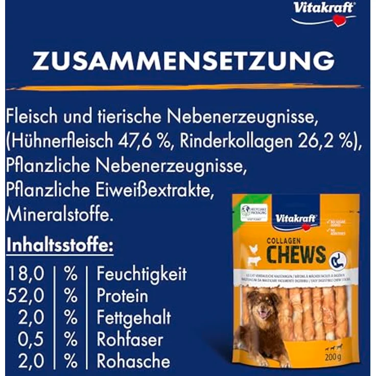 Vitakraft Chews Collagen Stick Chicken, leicht verdauliche Kaustangen für verdauungssensible Hunde, 200 g – Bild 4