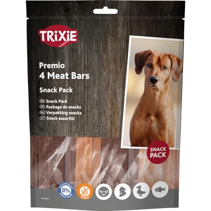 TRIXIE Premio 4 Meat Bars, Hundeleckerli mit Huhn/Ente/Lamm/Lachs, ohne Zuckerzusatz und Gluten, 4 x 100 g