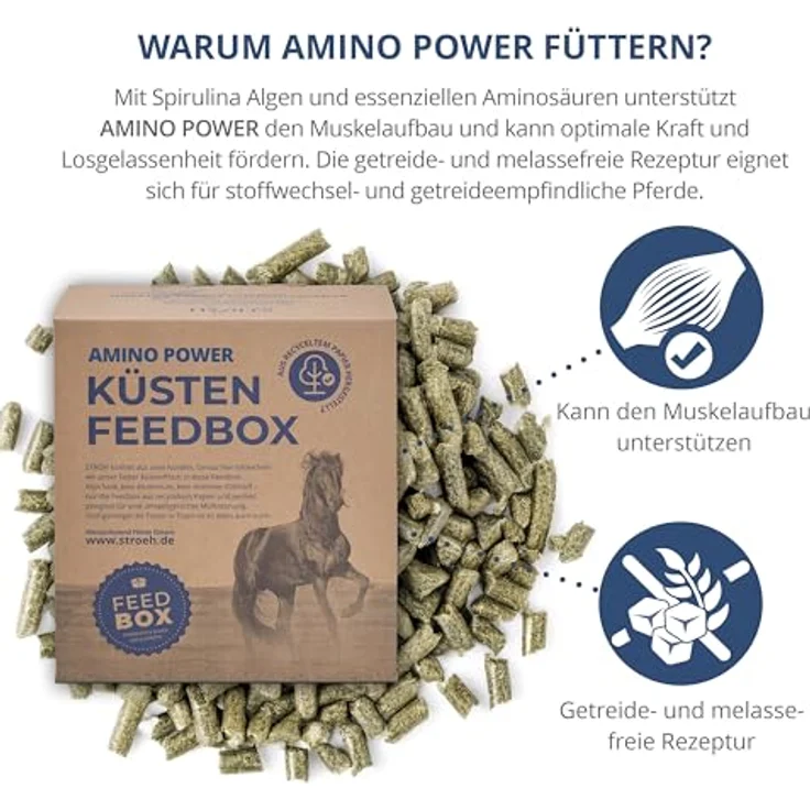 STRÖH Amino Power Pferd (4,5 kg), getreidefreies Ergänzungsfutter mit essenziellen Aminosäuren und Spirulina, Muskelaufbau für Sport- und Jungpferde, nachhaltige Verpackung – Bild 3