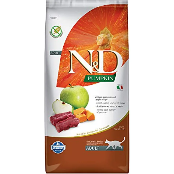 Farmina N&D Kürbis Cerf & Pomme Cat Adulte, hochwertiges Trockenfutter für Katzen, 5,00 kg