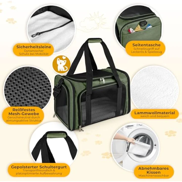 TOFFCAEA Faltbare Transporttasche für Katze und Hund, tragbare Hundetransportbox bis 5kg, grün, L 43 x B 28 x H 28 cm, atmungsaktiv und mit Sicherheitsgurten – Bild 3