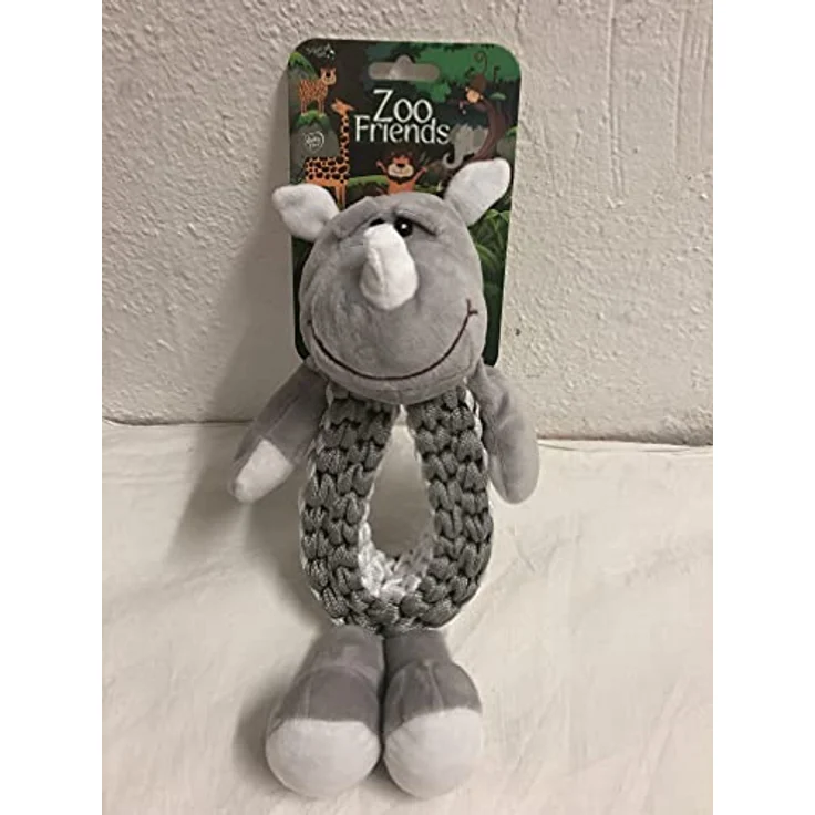 DUVO+ Zoo Friends Nashorn Ring, Tierkuscheltier Hundespielzeug aus Velboa-Plüsch, grau, 32 x 19 x 10 cm mit Quietscher und gewebtem Nylonseil – Bild 2