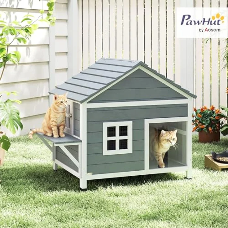PawHut 2-Etagen Katzenhaus aus Holz, Outdoor Katzenhöhle mit wasserdicht aufklappbarem Dach, erhöhter Basis und seitlicher Plattform, für 1-2 Katzen bis 5 kg, Grau, 101x72,5x81 cm – Bild 2