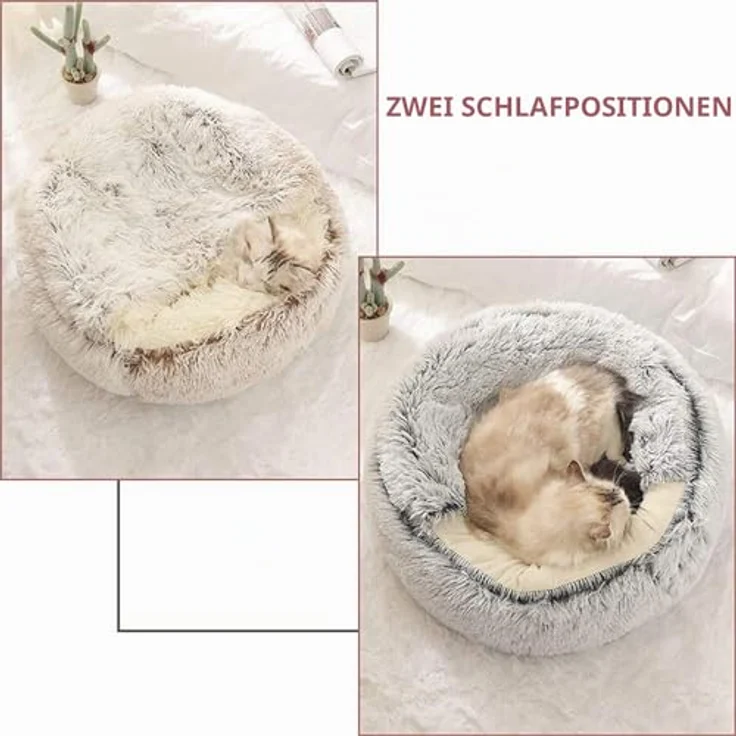 Fashionapple Flauschiges Katzenbett, runde Plüsch-Höhle mit Kapuze, 60 cm, rutschfest, maschinenwaschbar, für Katzen und Welpen – Grau – Bild 4