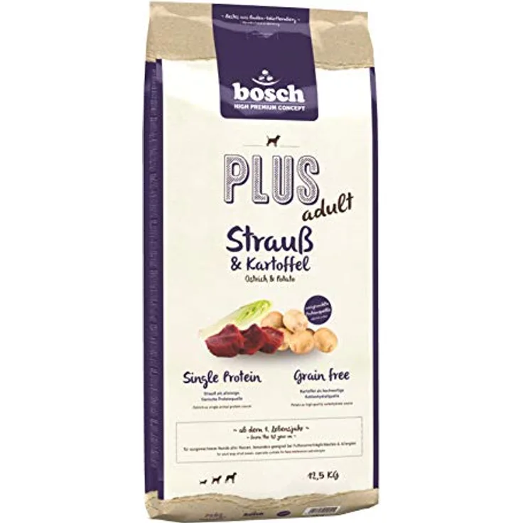 bosch HPC PLUS Adult Strauß & Kartoffel, Hundetrockenfutter für ausgewachsene Hunde, Single Protein, getreidefrei, 1 x 12.5 kg