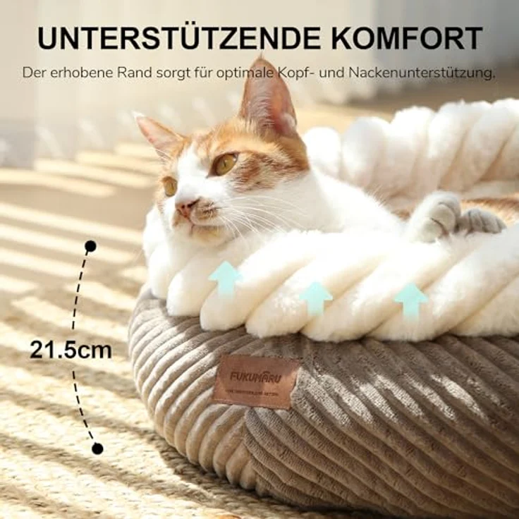 FUKUMARU Katzenbett waschbar, 55x55x21cm Katzenkorb mit erhöhtem Rand, weiches Cord, rutschfeste Unterseite, groß, kamelfarben – Bild 4