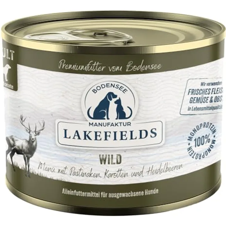 Lakefields Hundefutter Nass Wild, 200g, 59% Muskelfleisch, getreidefrei, mit Karotten, Kartoffeln & Heidelbeeren, in Lebensmittelqualität