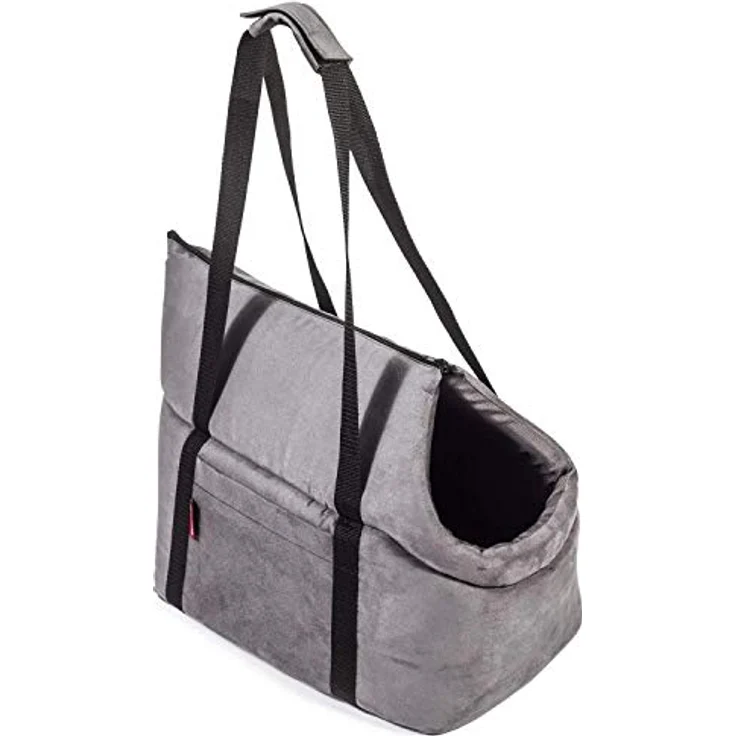 BOUTIQUE ZOO Hundetasche, Welpentasche grau (Kunstleder/Wildlederimitat), für kleine Hunde und Katzen bis 3 kg, mit abnehmbarer Holzeinlage und Metallhalsband – Bild 1