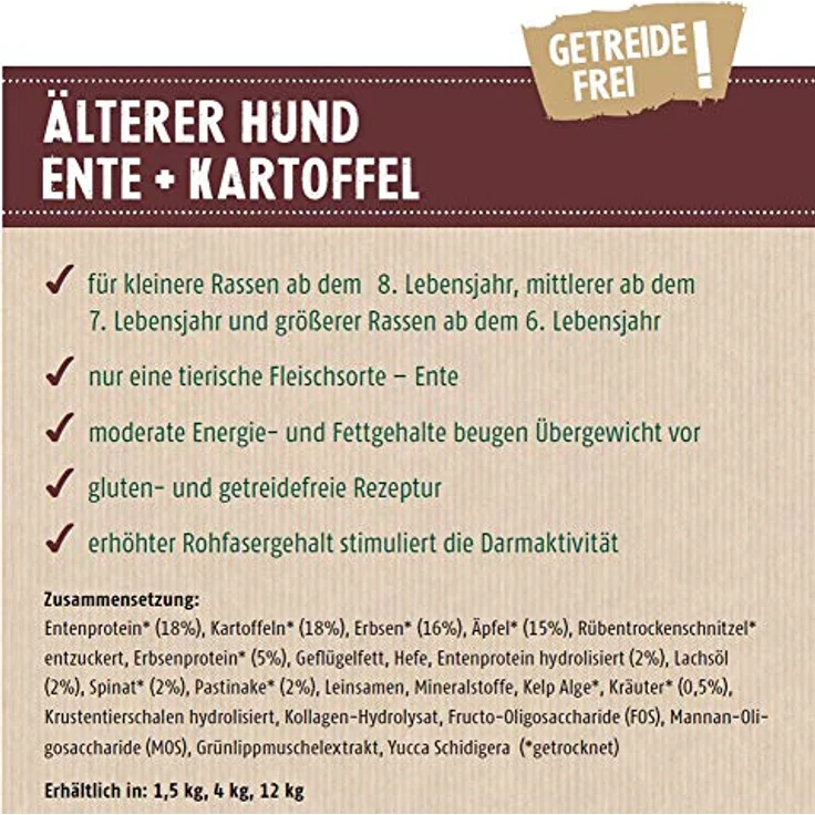 Christopherus Hundefutter Getreidefrei, Ente + Kartoffel für Senioren, 12kg, ohne Farbstoffe – Bild 3