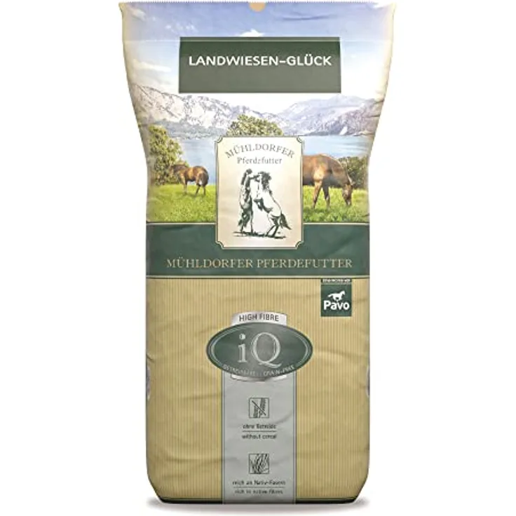Mühldorfer iQ High-Fibre Landwiesen Glück, Getreidefreies Müsli aus Wiesengräsern, 12,5 kg mit wertvollen Vitalstoffen
