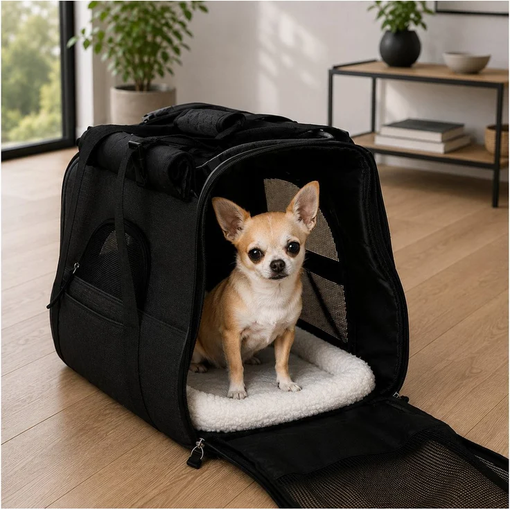 belviona Tiertransporttasche für Katzen & kleine Hunde, faltbar mit Befestigungsleine, Schultergurt und Liegekissen, schwarz, bis 10 kg