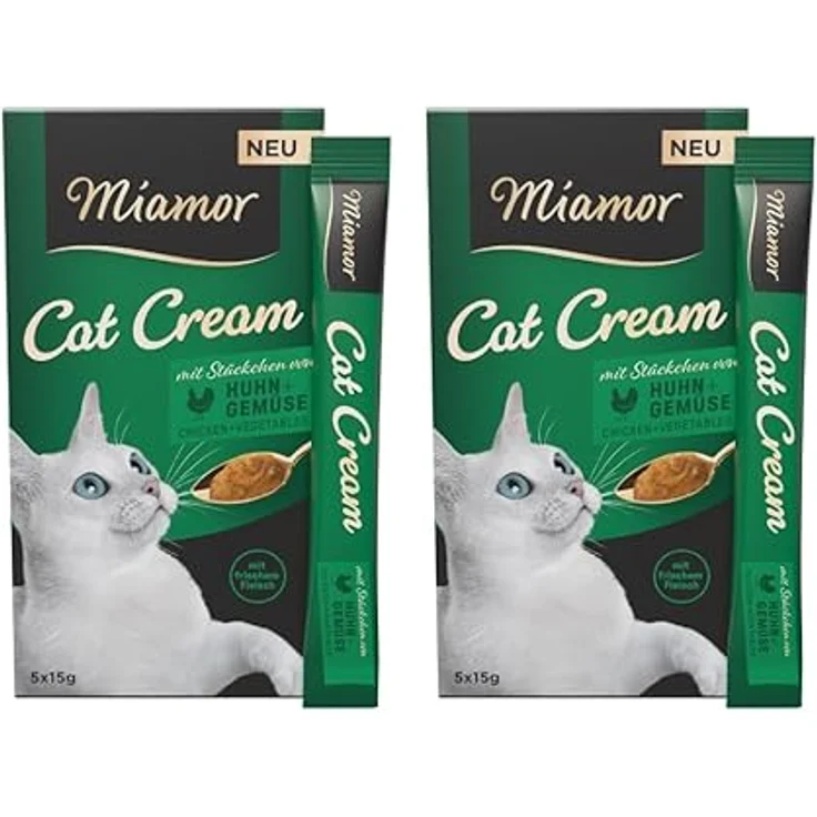 Miamor Cat Cream mit Huhn & Gemüse, kalorienarmer Katzensnack ohne Zucker, Doppelpack (2x5 Sachets á 15g)