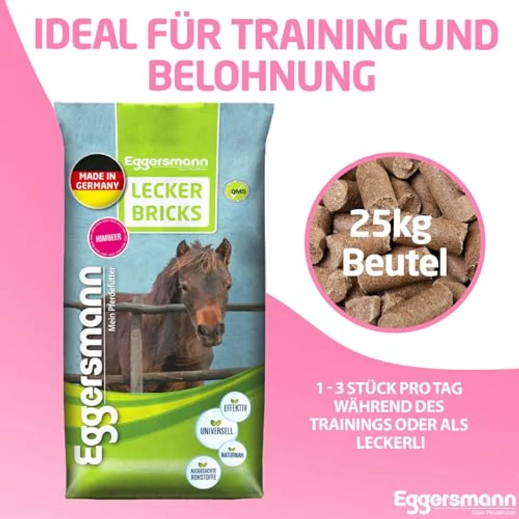 Eggersmann Lecker Bricks Himbeer Pferdeleckerlis, 25 kg Packung, natürliches Kräuter-Geschmack für Pferde und Ponys – Bild 5