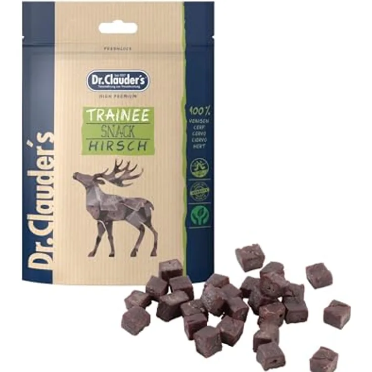 Dr. Clauder's Trainee Snack, 95% Fleisch mit Inulin, dampftrocknete Leckerlis für Hunde und Katzen, 80g Hirsch