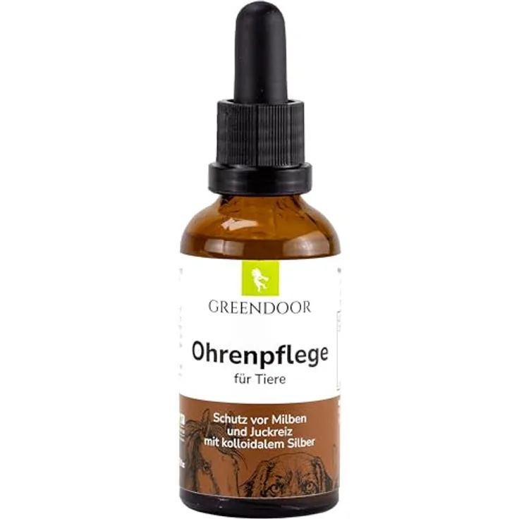 GREENDOOR Ohrenpflege für Hunde mit kolloidalem Silber, 50 ml, natürliche Formel mit Urea, Borretschöl und Salbeiöl, Glasflasche mit Pipette, sanfte Pflege und Akutanwendung
