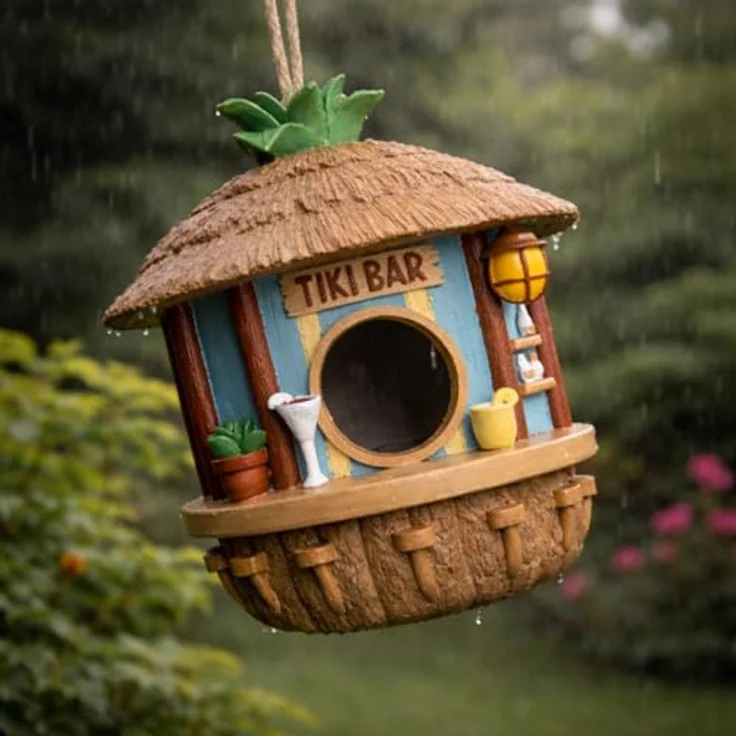 MikaMax Tiki Bar Vogelhaus, Hängendes Vogelhaus für kleine Vögel, wetterfest und tropische Gartendeko, 19 x 17 cm – Bild 4