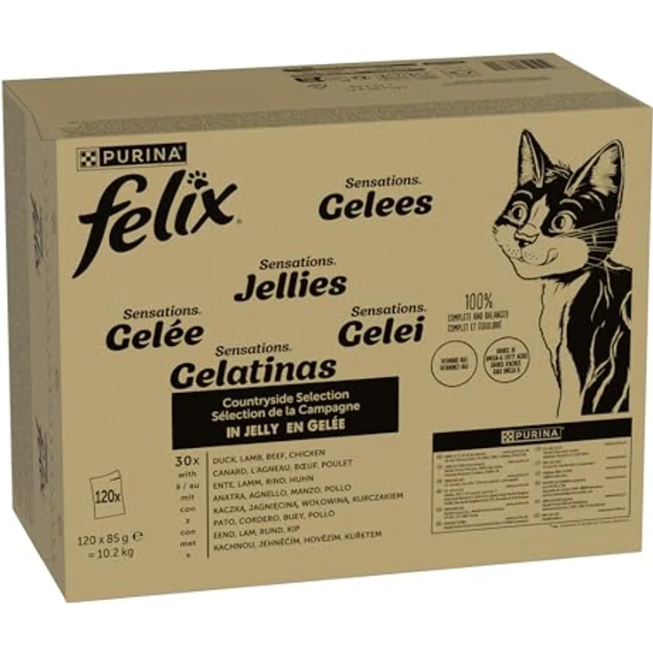 FELIX Sensations Gelees Katzenfutter nass in Gelee, Sorten-Mix mit Rind, Huhn, Ente und Lamm, 120er Pack (120 x 85g) – Bild 1