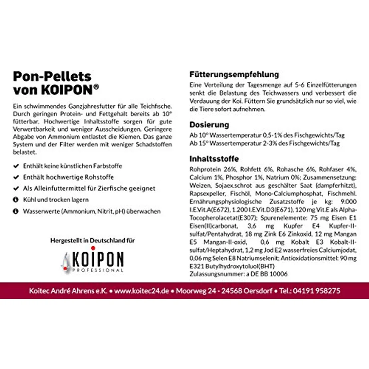 KOIPON Pon-Pellets Koifutter 3,5 kg, schwimmendes Ganzjahresfutter für Teichfische, 6 mm, ohne künstliche Farbstoffe – Bild 3