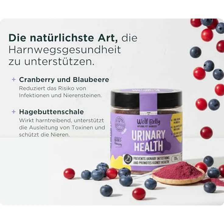 Wolf Belly - Blasenentzündung Pulver für Hunde und Katzen, 100% natürlich mit Cranberry und Vitamin C, unterstützt Nierengesundheit, 180 g - Made in Europe – Bild 3